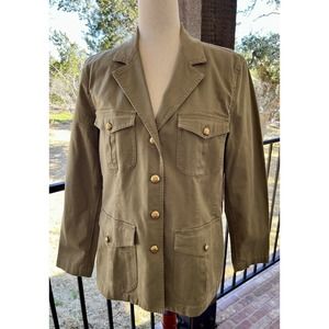Lauren Ralph Lauren Woven Military Olive Green Shirt Jacket Gold Buttons Sz 14